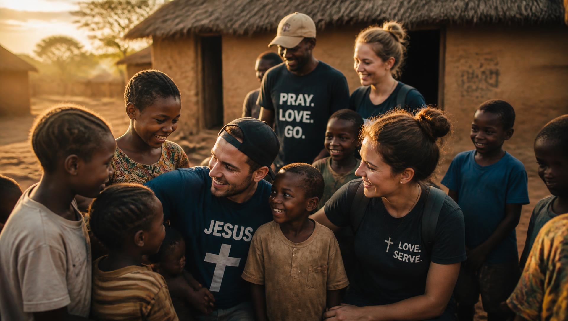 Mission volunteers laughing with village children at golden hour
