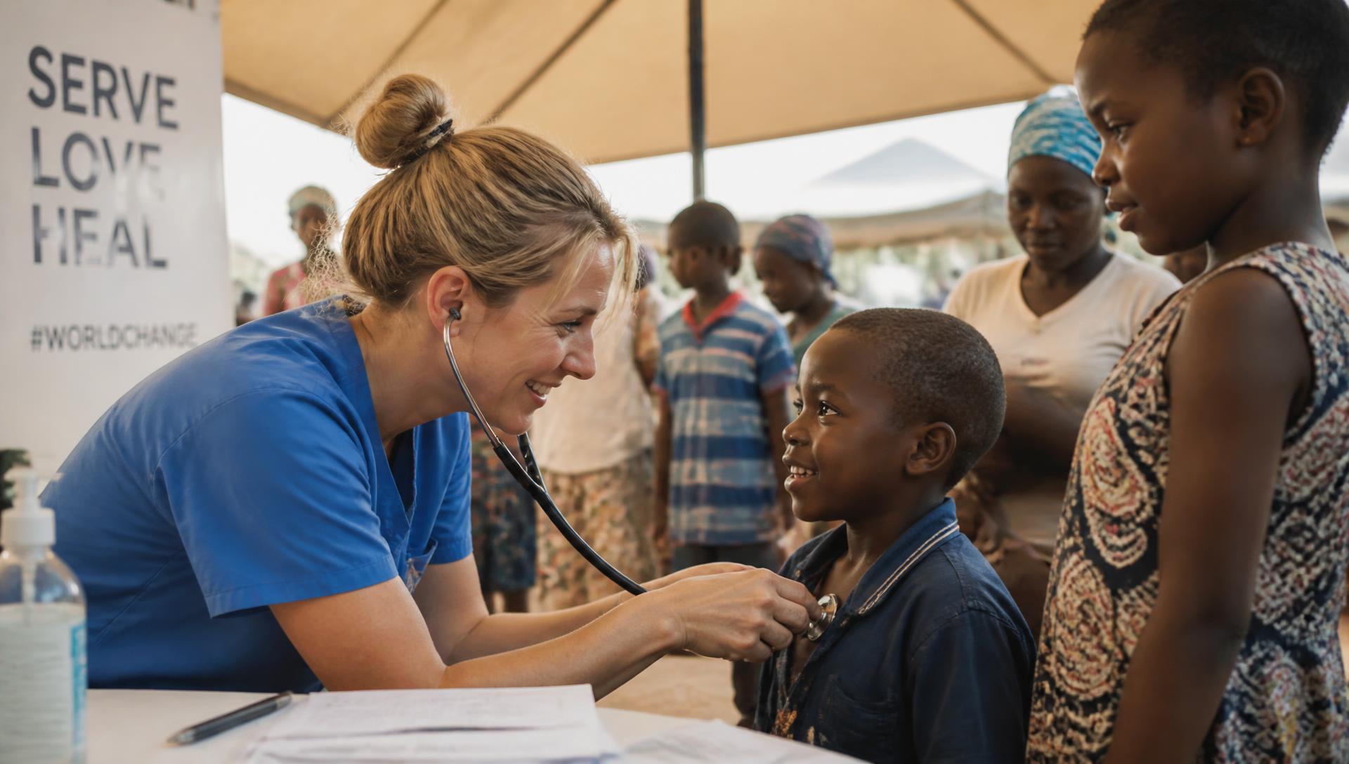 Volunteer nurse examining a child at an outdoor community health clinic